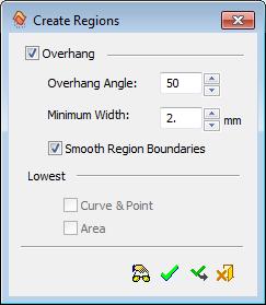 It is possible to define a different overhang angle than the one previously defined. Small regions can be ignored by setting a Minimum Width for them (small regions usually do not require supports).