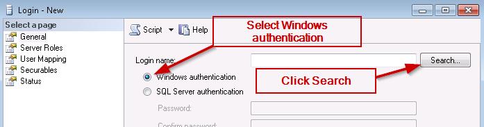 6. Select the Windows authentication radio button. 7.