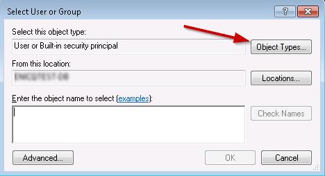 Click the Object Types button on the Select User or Group