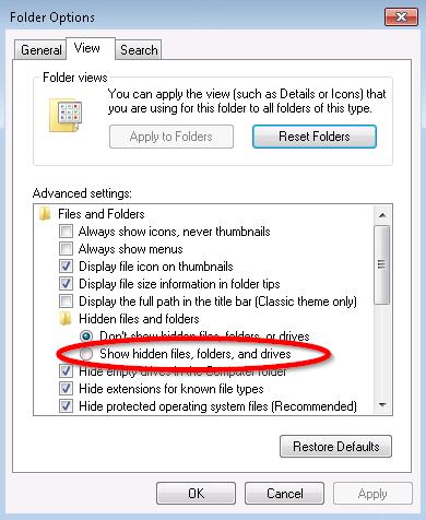 On the window that pops up select Show hidden files, folders, and drives