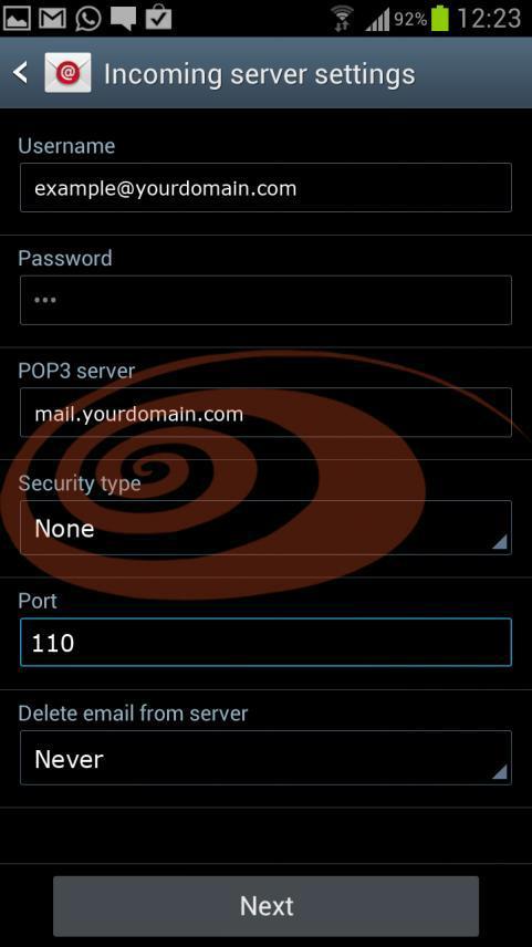 Username: Password: POP3 Server: Enter your incoming server information using your keypad. Security type: Port: 110 Delete email from server: "Never" "Your login username".