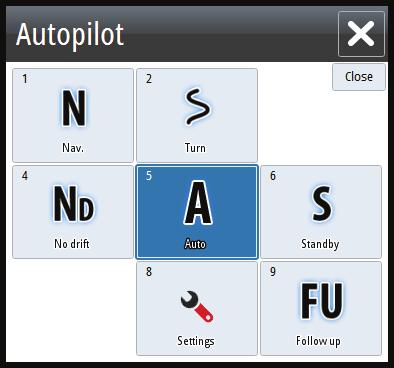 Autopilot The autopilot can be activated from any panel. 1. Tap the Autopilot tile in the Instrument bar. 2. Select the autopilot mode in the Autopilot pop-up.