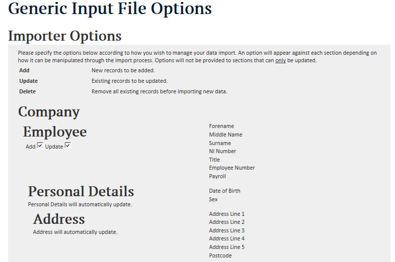 You will now be presented with the Importer Options Screen. This screen allows you to select Add and/or Update options, depending on your preference.