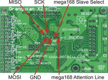 (2 3) holes next to the Slave Select hole contain the SPI MISO (Master In, Slave Out), MOSI (Master Out, Slave In), and SCK (SPI Clock) lines.