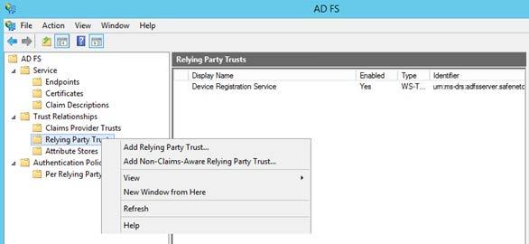 3. On the AD FS management console, in the left pane, click AD FS > Trust Relationships, right-click Relying Party Trusts, and then