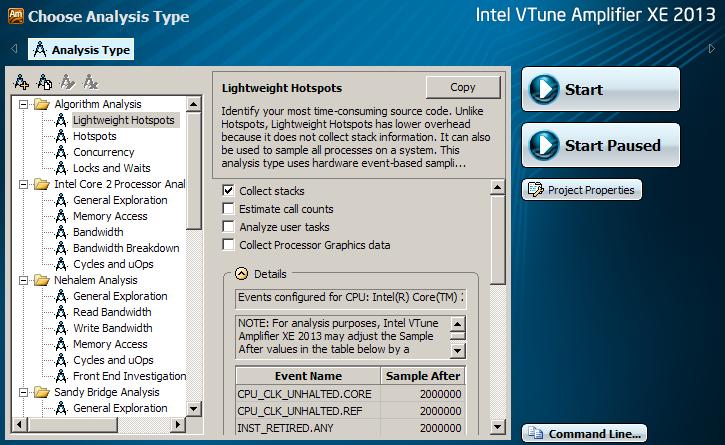 Intel VTune Amplifier XE Enabling Context Switch and Call Stack analysis for EBS Select Lightweight Hotspots or any Event-Based Sampling collection And check