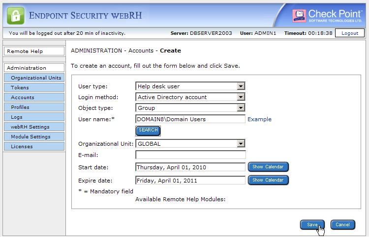 Managing Endpoint Security webrh Creating User Accounts To create a user account: 1. On the ADMINISTRATION - Accounts web page, click Create. The following web page opens: 2.