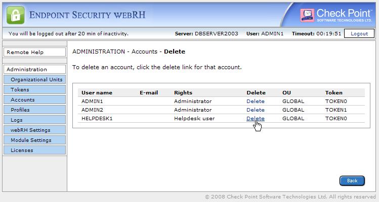 Managing Endpoint Security webrh To delete a user account: 1.