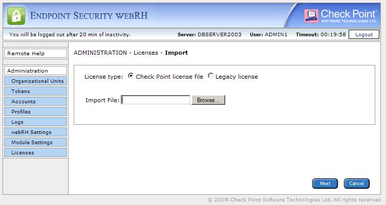 Managing Endpoint Security webrh 2. Click Import. The following web page opens: 3. Select license type: Table 3-4 Select license type If you want to use a.