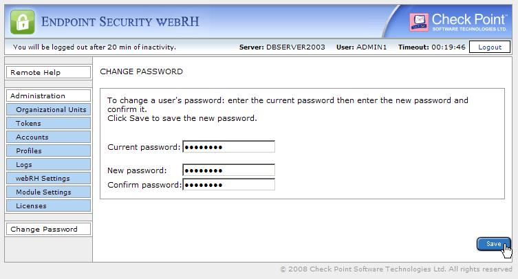 Managing Endpoint Security webrh Changing Your Password If you use a local webrh account (not your AD account) when authenticating to Endpoint Security webrh, you can easily change your password.