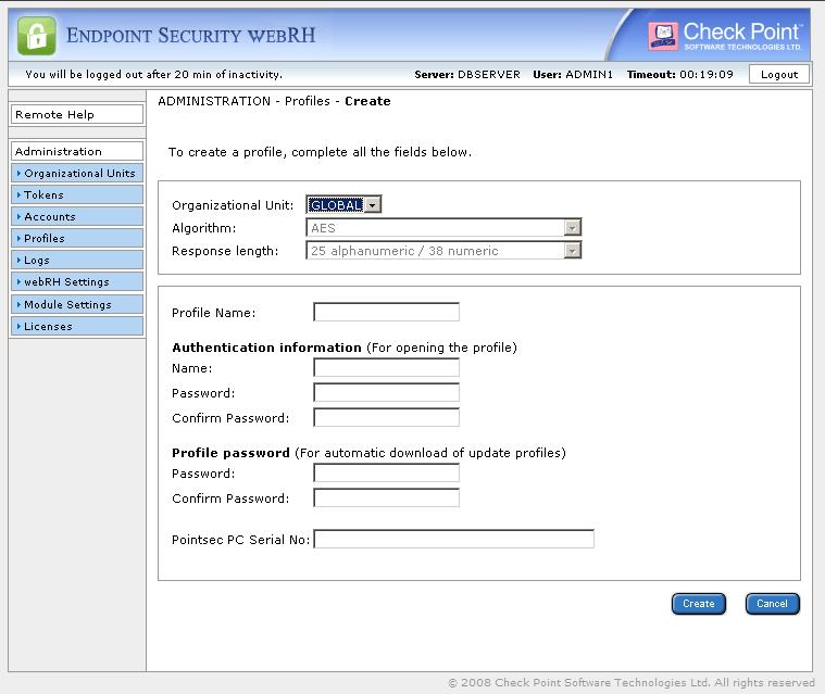 3. Select Pointsec PC. The available Pointsec PC Module settings are displayed: Creating and Deploying webrh Profiles 4.