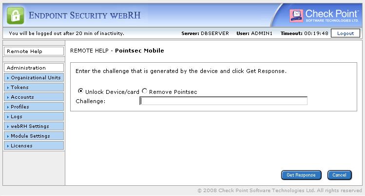 Removing Pointsec Mobile from Devices The challenge page opens: 2. Select Unlock Device/card, enter the challenge generated by Pointsec Mobile and click Get Response.