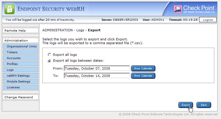 Deleting Logs To export the log: 1. On the ADMINISTRATION - Logs page, click Export. The Logs - Export web page: 2. Select the type of export you want and click Export. 3.