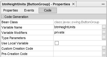 Go to the Properties window and select the Code tab, then reset the Variable ame to btnheightunits: Add two radio buttons to the form and rename these as