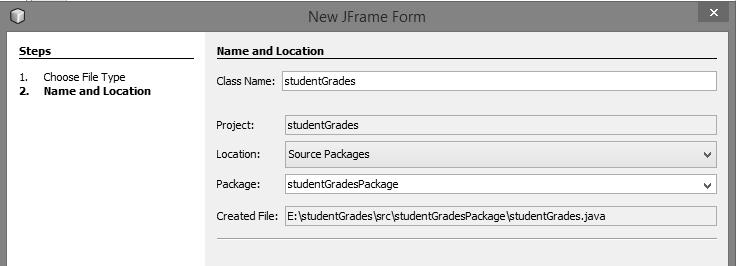 Right-click on the studentgrades project, and select ew / JFrame Form.