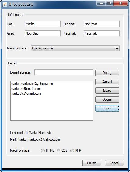 jlabel1.settext(str.tolowercase()); Zadatak 1. Programirati aplikaciju koja će sadržati formu kao na slici: U Combo box-u definisati sledeće opcije: Dodavanje opcija Combo Box-u (isto u jlisti) 1.