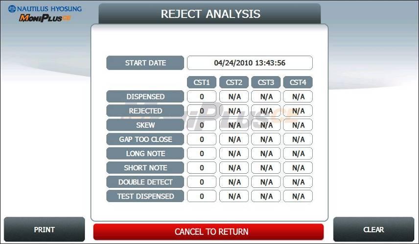 5. Operator Function 5.5.5 REJECT ANALYSIS REJECT ANALYSIS menu offers a statistics of note reject on an ATM. It lists the rejects by the number of times or note counts they occurred.