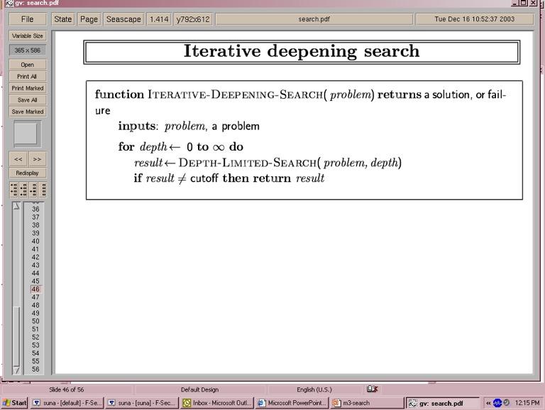 Iterative deepening search Repeated Depth-Limited search, incrementing limit l until a solution is found or failure.