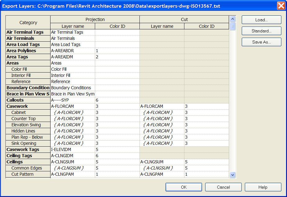 Figure 2. Layer Export settings for exporting Revit views to AutoCAD. A similar dialog is available for mapping Revit objects to MicroStation Levels.