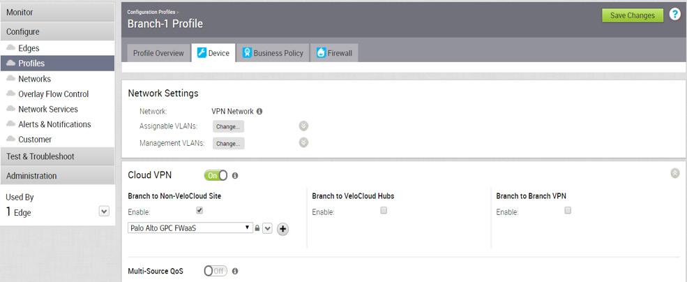 b. Enable the Cloud VPN feature to turn on VPN connectivity from the Branch and DC sites. c. Check Enable under the Branch to Non-VeloCloud Site section and select the configured Palo Alto GPC FW configured in Step 1.