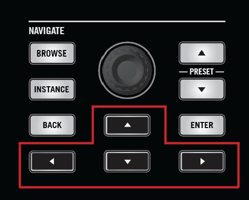 KOMPLETE KONTROL S-SERIES Overview Host Control and the Transport Section The NAVIGATE section of the KOMPLETE KONTROL S-SERIES, arrow buttons highlighted For information on how to load KOMPLETE
