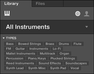 KOMPLETE KONTROL Browser Searching and Loading Files from the Library The closed Instrument selector header.