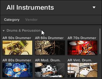 KOMPLETE KONTROL Browser Searching and Loading Files from the Library If Category is selected in the Category / Manufacturer selector, the Instrument list is sorted by the following categories: DRUMS