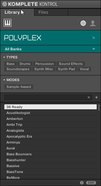 KOMPLETE KONTROL Browser Searching and Loading Files from the Library Upon your selection the Instrument selector automatically closes, the instrument name and icon appear in the header, and the tag