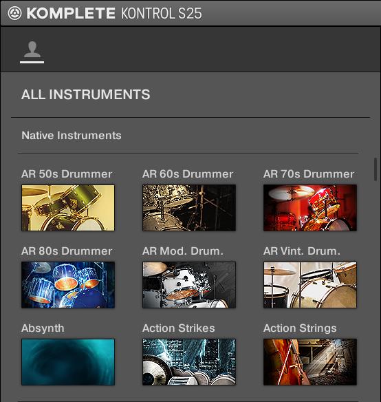 KOMPLETE KONTROL Browser Browsing with the KOMPLETE KONTROL S-SERIES The open Instrument selector without any instrument selected.
