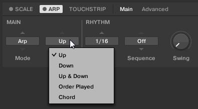 KOMPLETE KONTROL Smart Play Keyboard PERFORM Section Overview Setting a Parameter Value To set a value for a drop-down menu parameter, click it and select the value from the appearing menu.