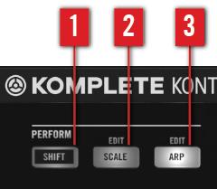 KOMPLETE KONTROL Smart Play Keyboard PERFORM Section Overview The PERFORM section (1) SHIFT: Pressing and holding the SHIFT button lets you access the secondary function of controls labeled as such,