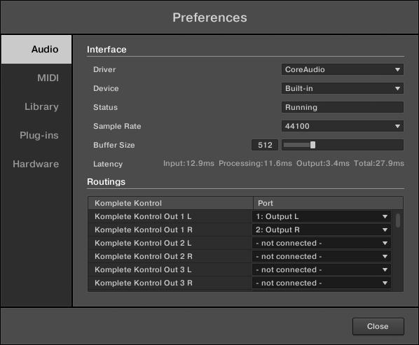 Basic Concepts Preferences Preferences panel Audio page Setting Driver Device Description Select your audio driver here.