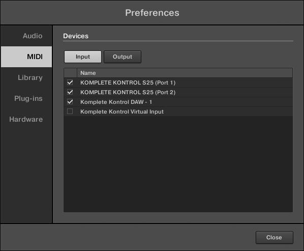 Basic Concepts Preferences When KOMPLETE KONTROL is running as a plug-in in a host application, its MIDI configuration is managed by the host, and the MIDI page is not available. See section 2.