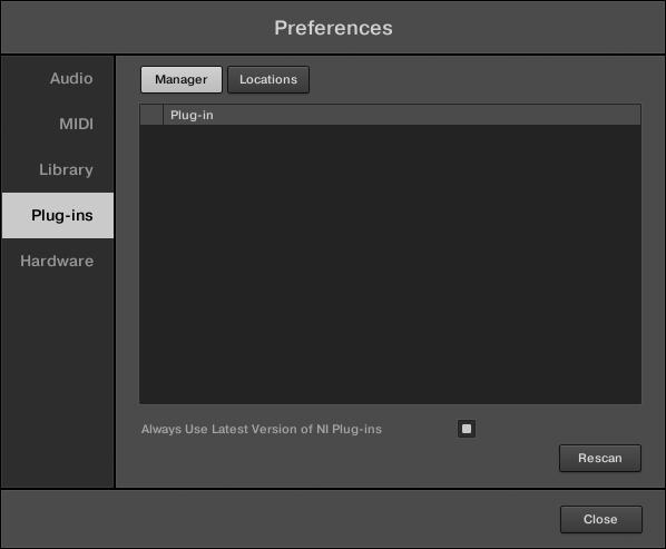 Basic Concepts Preferences Preferences panel the Plug-ins page's Manager pane Checkbox column