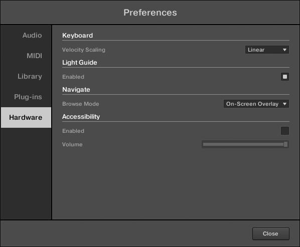 Basic Concepts Preferences 2.7.5 Preferences Hardware Page The Hardware page enables you to customize how the keys react to your playing, as well as switch the Light Guide on or off (see section 5.