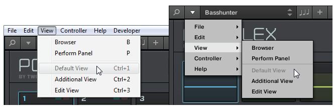 KOMPLETE KONTROL Software Overview Instrument Area Instrument views in the View menu of the application menu bar (Windows depicted), and in the View submenu of the KOM- PLETE KONTROL menu.