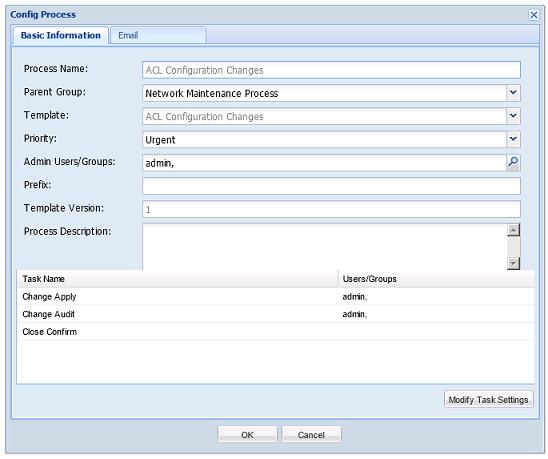 1. Under Process Management in the navigation pane, right-click ACL Configuration Changes, and then click Config Process. The Config Process dialog box appears, as shown in Figure 21.