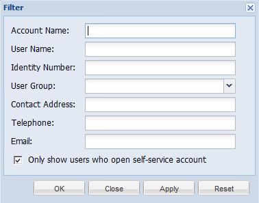 Figure 70 Filter Account Name Create an account name for the SOM user that is up to 32 characters. The account name does not need to be the same as the user name, but must be unique.