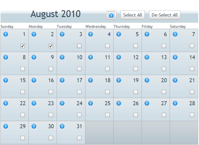 Monthly Check Box Calendar Click the checkbox to select a day and populate the box with a check mark.