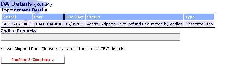 The Vessel Skipped Port In case zodiac paid remittance and the vessel skipped the port, you would receive a message similar to the message below requesting a refund of the remittance DEAR AGENT, WE