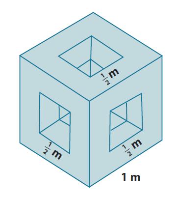 7. The diagram shows a cubic meter that has had three square holes punched completely through the cube on three perpendicular axes. Find the surface area of the remaining solid.