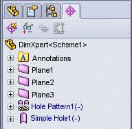 DimXpertManager The DimXpertManager lists the tolerance features defined by DimXpert for parts.