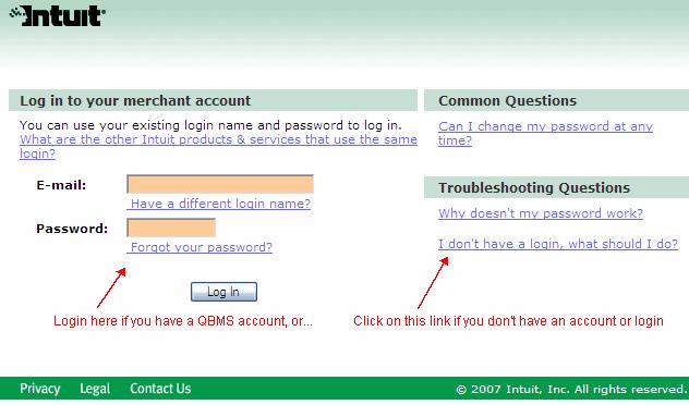 If you have a QuickBooks Merchant Services account, click Proceed to Login Page. Follow links on the login page if you need further assistance (see Figure 4).