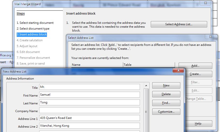 Click Select Address List and then click Create to start inputting