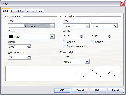 Editing a Fontwork object Figure 9. Line options dialog Area options Area icon: Opens a dialog (Figure 10) with seven tabs: Area, Shadow, Transparency, Colors, Gradients, Hatching, Bitmaps.