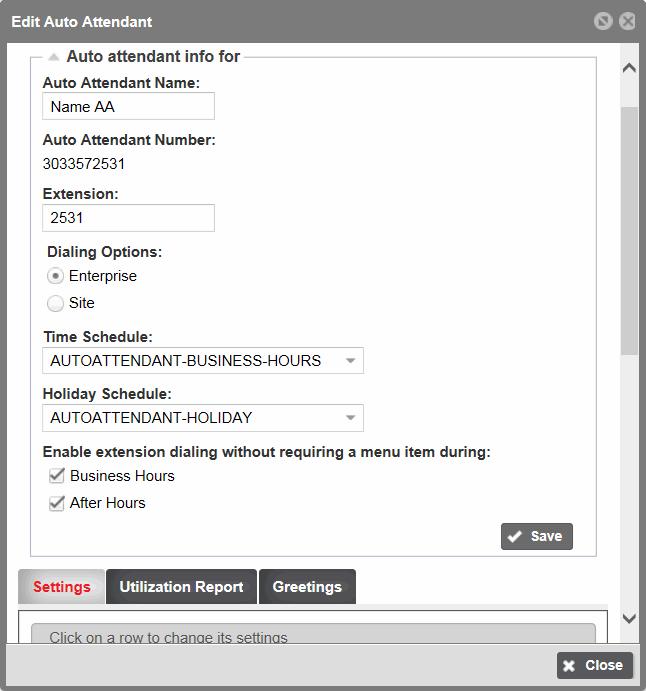 Figure 4 Edit Auto Attendant 4. By default, the phone number assigned to the Auto Attendant displays in the Auto Attendant Name field.