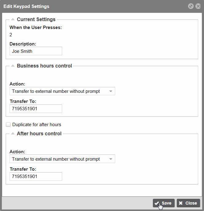 Figure 6 Edit Keypad Settings 11. Enter a Description. 12. Select the Action for business hours from the drop-down list. Not Used default when an action was not selected for the digit or character.