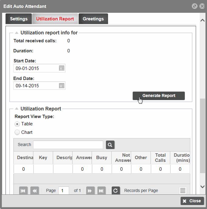 -OR- Select an Action for after-hours control from the drop-down list. 14. Click Save. Utilization Report You can access a utilization report that shows the total received calls. 1. Click the Utilization Report tab on the Edit Auto Attendant screen.