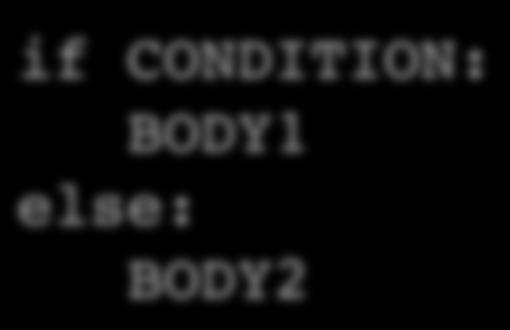 The if/else statement if CONDITION: BODY1 else: BODY2!