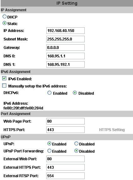 B. Network 1. IP Setting IP Camera supports DHCP and static IP. a. IP Assignment (i) DHCP: Using DHCP, IP CAMERA will get all the network parameters automatically.